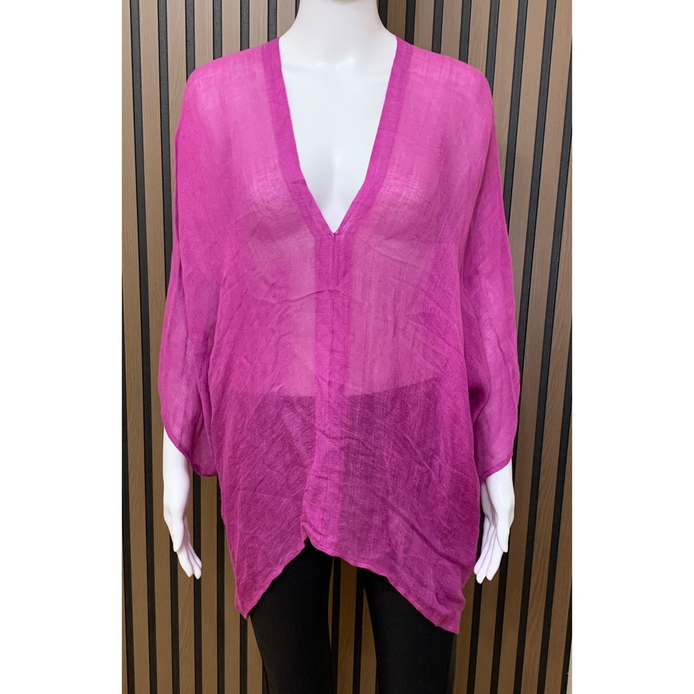 John Mark Magenta Purple Sheer Linen Blend V-Neck Tunic Top Sleeve M Lagenlook